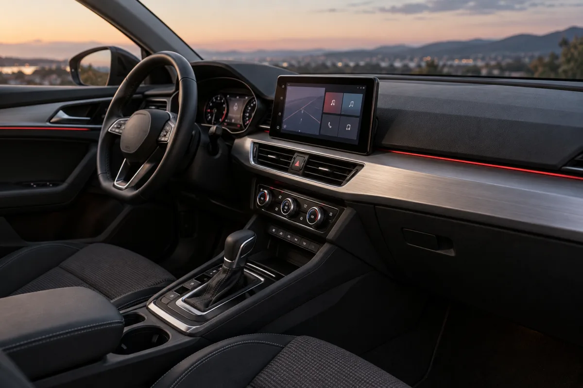 Cockpit mit Multimediasystem und dezenter Ambientebeleuchtung – illustrative Darstellung